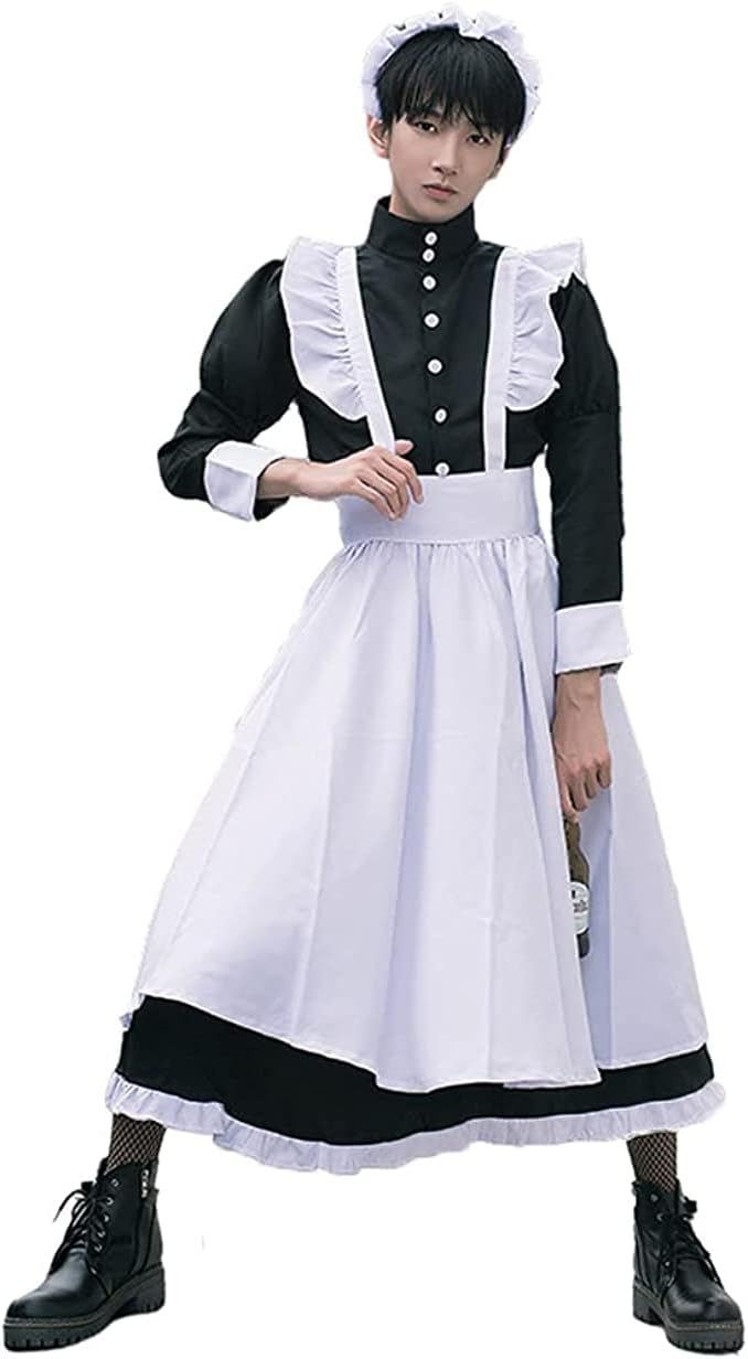 [YIUHK] メイド服 男性サイズ 男の娘 女装キャラ コスプレ ハロウィン 仮装 メンズ セクシー エプロン カチューシャ 衣装 可愛い ワンピース 編みタイツ