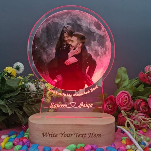 Image of Personalized UV Printed Photo 3D Illusion LED Table Lamp for Couple Gift for Anniversary, Wedding, Marriage, Valentine Day- Your Wooden Base Text Egraved, Multicolor Light- 22CM