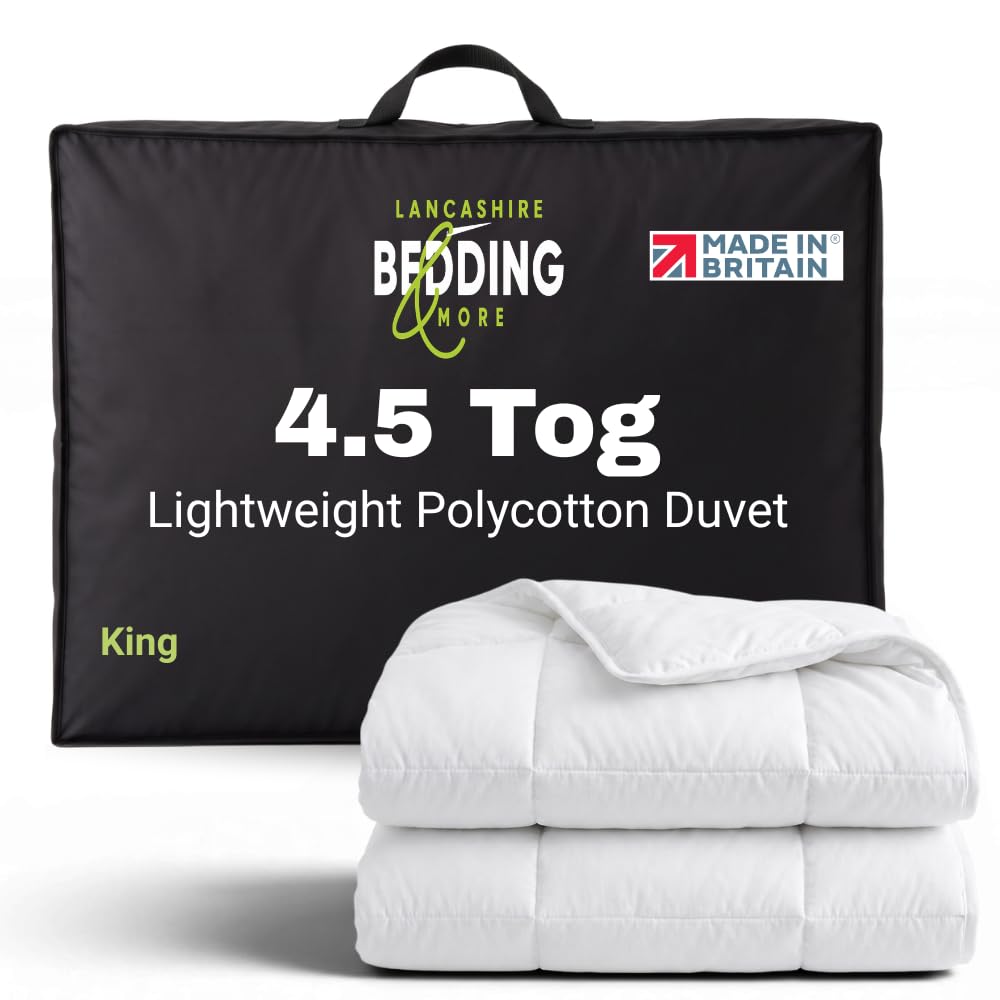 Lancashire Bedding 4.5 Tog Lightweight Polycotton Duvet | Made in UK, King 220 x 225 CM | Hypoallergenic Hollowfibre Fill | Soft, Durable & Sweat-Wicking Cover for Cool, Comfortable Sleep