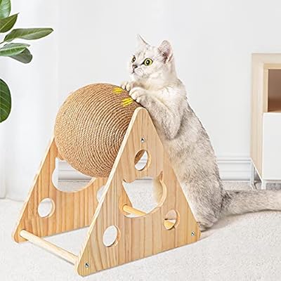PETTOM Cat Ball Toys Kitten Cat Sisal Scratcher Balls, Stable Wooden Base and Sisal Rope Rolling Ball for Cats Climbing Grinding Claws, Interactive Cat Scratching Post Indoor Protects Furniture