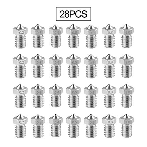 3Dman Nozzles, M6 0.2mm, 0.3mm, 0.4mm, 0.5mm, 0.6mm, 0.8mm, 1.0mm Stainless Steel Nozzles Extruder Print Head for 3D-M6 1.75mm Filament 3D Printer - Set of 28