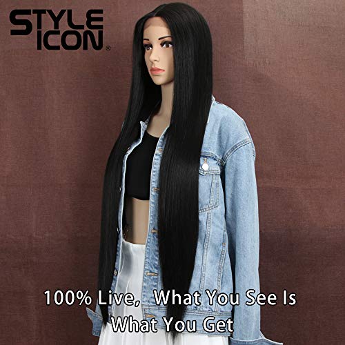 Style Icon 38" Super Long Straight Wigs Lace Front Wigs 6" Deeper Middle Part Wig Black Synthetic Wig (38", 1B) - Image 3