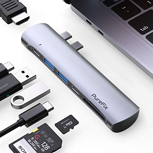 PureFix Mac USB C Hub, Thunderbolt 3 to USB C Multiport Adapter for MacBook Pro 16 15 13 inch & MacBook Air, 7-in-2 Dongle with 4K HDMI, 100W PD, USB C & 2 USB 3.0 Data Ports, SD & MicroSD Card Reader