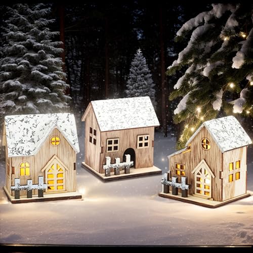 Ensembles de Villages de Noël 3 pièces avec LED en Bois, scène Village Noël, Mini décorations Maison à Piles pour Table, fenêtre, Chambre à Coucher, décoration