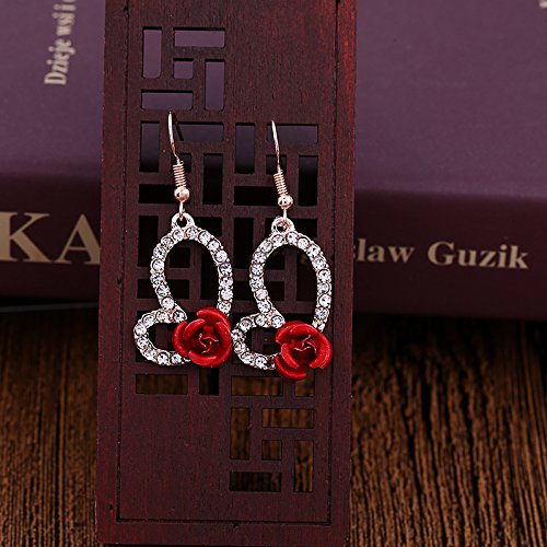 Qian0813 Vintage Red 3D Rose Drop Earrings For Women Statement Dangle Earrings With Crystal Rhinestone Valentine's Day Gift (Rhinestone) #TOP5