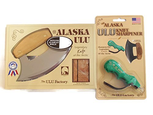 Alaska Ulu Knife Bundle with Ulu Knife Sharpener, This Ulu Knife Can Be Used As Mezzaluna Chopper, Bolo Rolling Knife and Chopped Salad Tool.