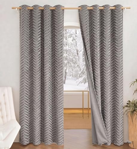 Image of IVAZA Premium Velvet Chevron Pattern 80% Blackout Curtains -Thermal Insulated Heavy Blackout Opaques,Modern Parde for Living Room Bedroom|Home Office Door- 8 Feet (Pack of 2) Chevron Grey