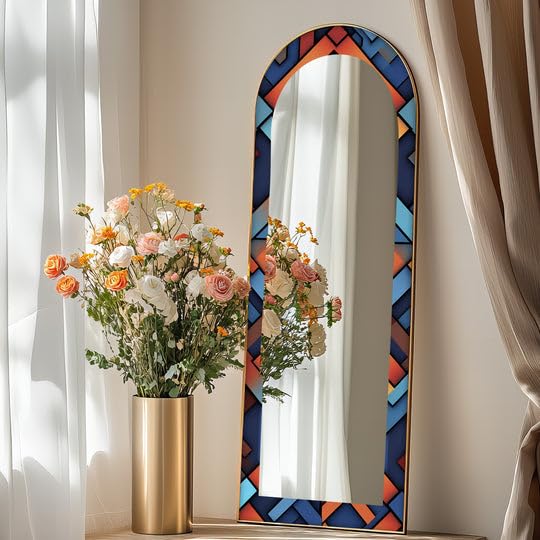 Specchio da pavimento con motivo geometrico, lunghezza intera, 50,8 cm di larghezza x 160 cm di altezza, specchio da pavimento ad arco con cornice nera e cornice dorata