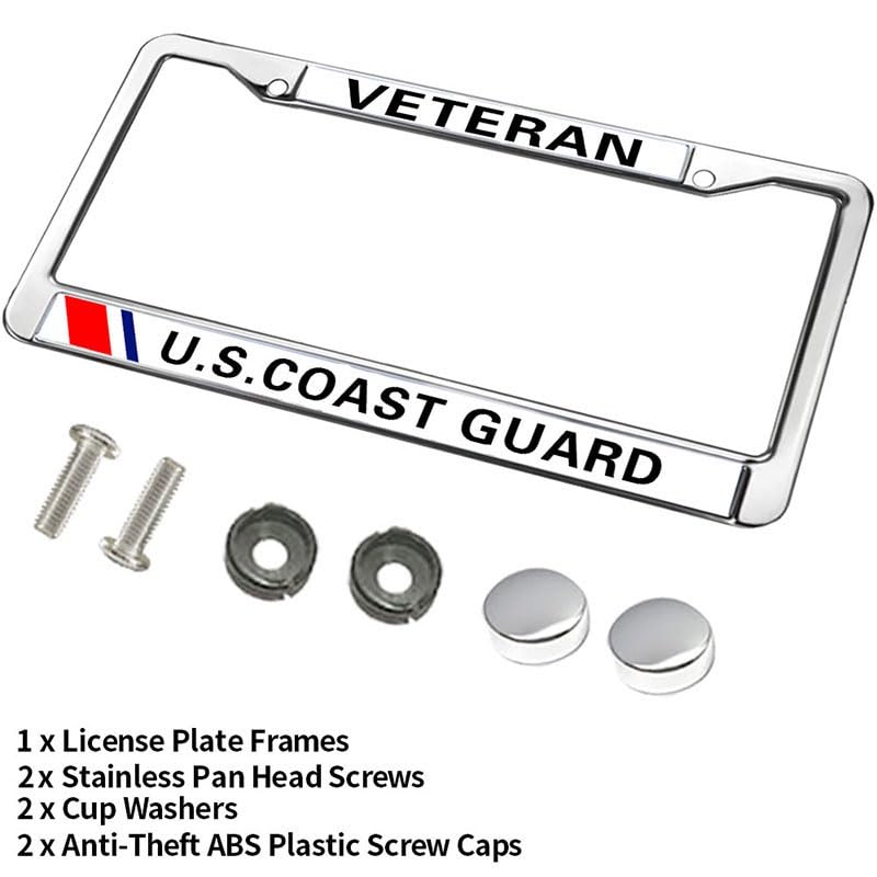 Image of US Coast Guard Veteran License Plate Frame Metal Auto Car Tag Holder | US Coast Guard Veteran License Plate Frame Chrome Metal Car Tag Cover Fit Standard US Auto Trucks Exterior Accessories