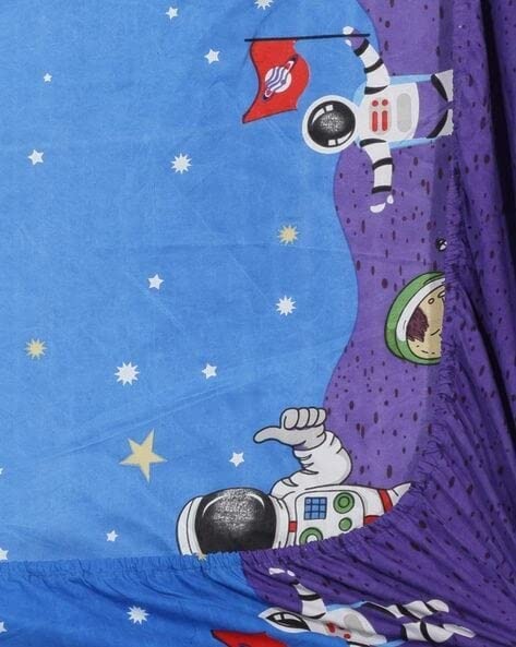 Image of Kids Space Astronaut Design Queen Size Elastic Fitted Bedsheet for Kids Room, Bedroom, Living Room, 90x100 inches, Set of 1 pc of Bedsheet & 2 Pillow Covers, Blue