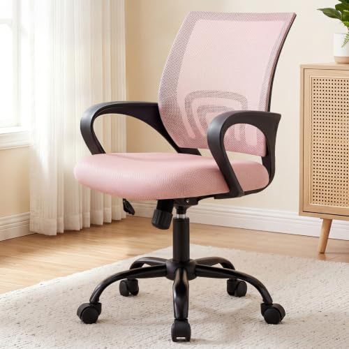 Image of DUMOS Ergonomic Home Office Chair, Executive Mesh Desk Chair | Height Adjustable, Lumbar Support, Breathable Mid Backrest, Fixed Armrest, Rolling Wheels, Computer Gaming, Meeting, Pink