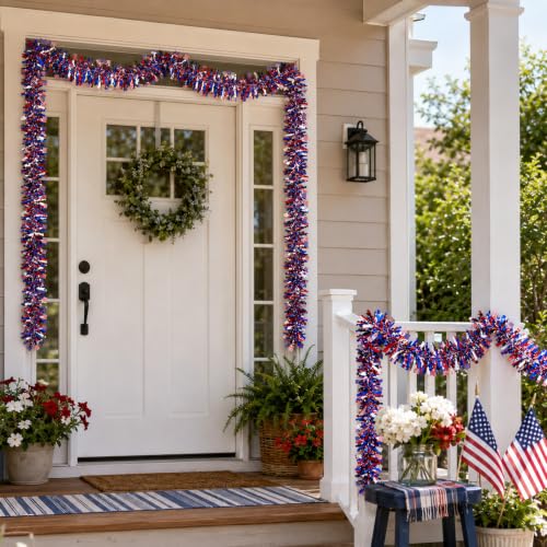 Image of Pack of 4 | 6.6 ft American Flags Tinsel Garland | Red White Blue Metallic Foil Fringe Banners Streamers for 4th of July, Memorial Day, Veterans Day, Independence Day, Parades, Patriotic Decorations