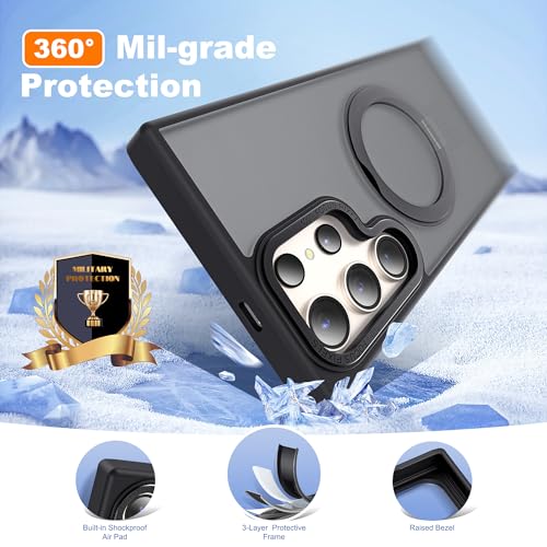Image of Compatible with Samsung Galaxy S24 Ultra Case with 360Rotatable Magnetic Ring Stand Compatible with Mag-Safe Military Protection Matte Translucent Phone Cases for S24 Ultra 6.8 inch,Black