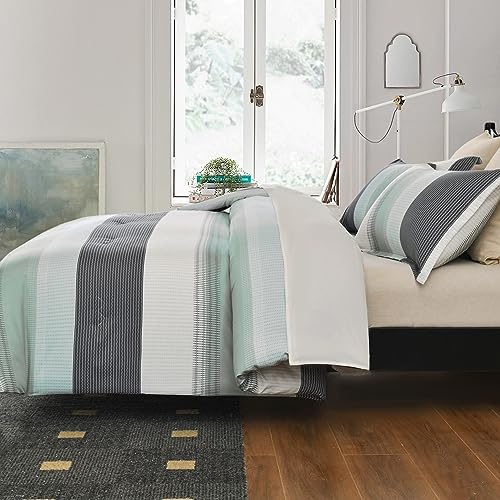 Sleepbella CSQLQ Comforter Queen Size, Mint Green & Grey & White Striped Patchwork Polyester Comforter Set thumb #1