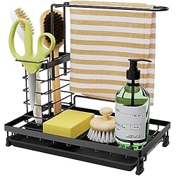 Lifewit Organizador de Fregadero, Soporte para Esponja para organización del Fregadero de Cocina, Porta Trapo de Acero Inoxidable con Bandeja Desmontable para Goteo, Negro