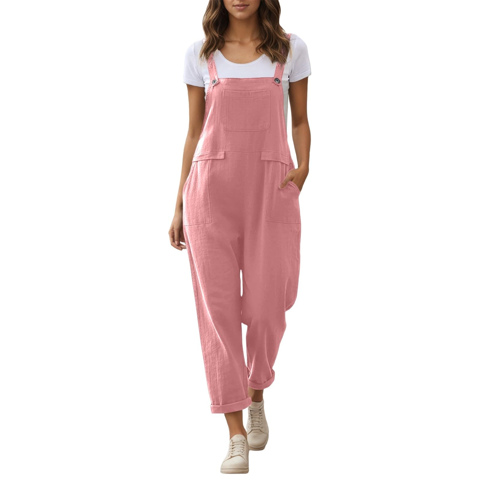 Pantalon long décontracté ample avec bretelles réglables dans le dos et lien autour du cou, combinaison tout-en-un pour femme, idéal pour un look casual ou d'intérieur, doté de poches latérales