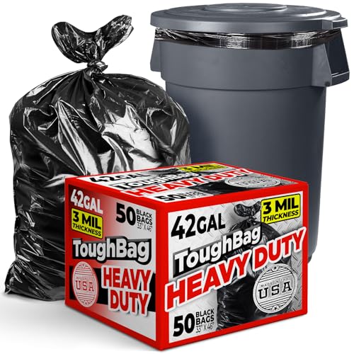ToughBag 42 Gallon Trash Bags 3 Mil Contractor Garbage Bags (50 COUNT) Heavy Duty Black Garbage Can Liners 33 x 48 - Construction Lawn Industrial Leaf - Made in USA.