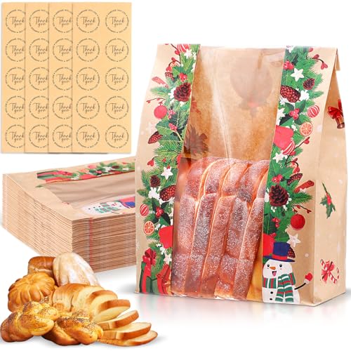 SilTriangle 50 Pcs Christmas Kraft Paper Bread Bags with Clear Window and 50 Stickers 13.7 x 8.2 x 3.5 Large Christmas Sourdough Bags for Homemade Bread Storage Sourdough & Snacks