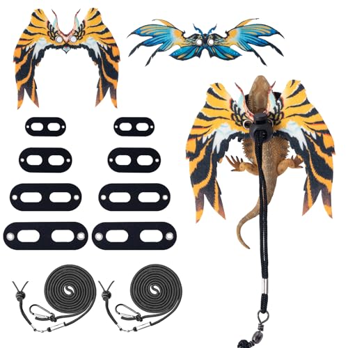 Image of COMSUN 2 Pack Bearded Dragon Lizard Harness Leash Set, Adjustable Reptile Lizard Leashes with Adorable Dinosaur Wing for Geckos, Chameleon, Lizards (Blue & Yellow)