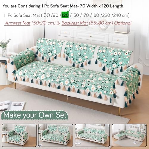 Image of HOKIPO Printed Holland Velvet Sofa Cover with Tassel for 1 /2 /3 Seater & L Shape Sofa | Make Your Own Set, 'Whispers of Nature' Sofa Mat, 70(W) x 120(L) cm, Sage Floral Vine (IN-1119-D8)