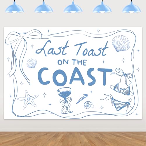 Last Toast on The Coast Backdrop Blue Bow Shell Champagne Photography Background Cloth Coastal Bachelorette Party Decorations for Women Bridal Shower Engagement Party Decor Supplies 5x3ft