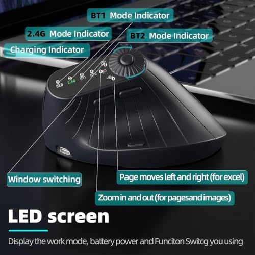 Mouse verticale ergonomico wireless con DPI regolabile 1000-2400, Bluetooth 5.0 e ricevitore USB-C, design a tripla connessione per laptop, PC e Mac