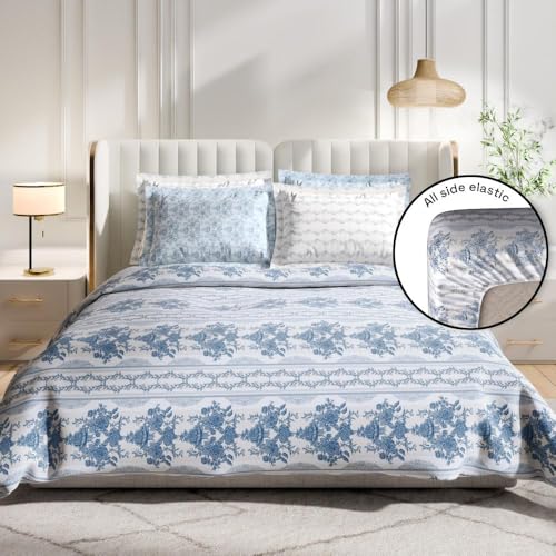 Image of Wakefit Cotton Fitted Bedsheet | 300 TC Elastic Fitted Sheet, King Bed Bedsheet With 2 Pillow Checkered Covers | Nova - 78X72 Inches, White