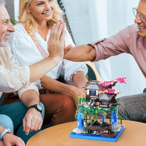 Image of SKY LINE OCEAN Cherry Blossom Bonsai Tree Building Set, 3200+ PCS Micro Mini Blocks, Japanese Sakura Tree | 2 LED | Lights Chinese Pond Architecture Model Kit, Ages 14+ | 5 Year Structural Warranty