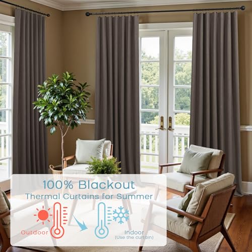 Image of KOUFALL Dark Brown Curtains 108 Inches Long Linen Blackout Room Darkening Pleated Curtains for Living Room 2 Panels Set