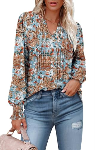 BETTE BOUTIK Long Sleeve Shirts for Women Fall Tops Dressy Blouses Pleated V Neck Tunic Tops for Leggings S-3XL