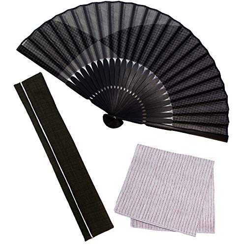 扇子 メンズ 男性 千鳥（黒） 長生堂オリジナル 扇子入れ ハンカチ付きセット 紙箱入り