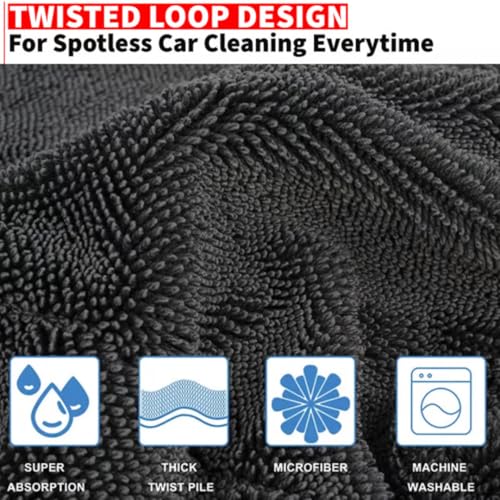 Image of 1200 GSM Microfiber Car Cleaning Cloth - Grey, Twisted Loop, Edgeless, Plush Pile Towel for Car Wash, Drying & Auto Detailing Green /Grey (Large 60cm x 40cm)