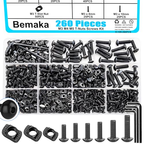 260PCS M3 M4 M5 T Slot Nut Screws Kit, T Nuts and Bolts Assortment Kit for 2020 Series Aluminum Profile, Mlok Screws Nuts Replacement