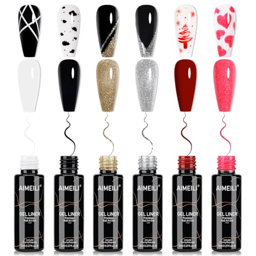 AIMEILI Esmalte Gel Nail Art Gel Liner Blanco Negro Oro Plata Rojo Rosa 8ml 6 Colores Pincel Ultra Fino Líneas Precisas Art Painted UV/LED Secado Rápido, Vegano y Sin Crueldad DIY Casa y Salón