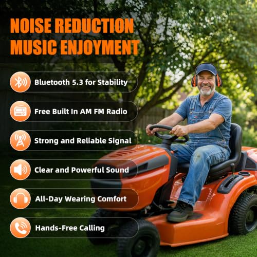 Image of Gardtech Bluetooth 5.3 AM /FM Radio Hearing Protection,29dB SNR Safety Earmuffs with Digital Display, Rechargeable Noise Cancelling Headphones for Mowing, Workshops and Snowblowing Orange