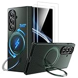 WSKEN Z Fold 7 ケース 360°磁気スタンド付き - ミリタリーグレードの耐衝撃ケース スクリーンプロテクター2枚付き MagSafe対応 カーボンファイバーテクスチャデザイン Samsung Galaxy Z Fold 7 Green