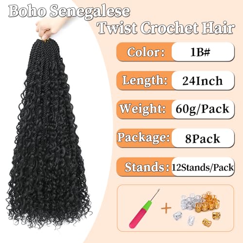 Auxemuen Senegalese Twist Crochet Hair 8Packs Boho Island Twist Crochet Hair with Curly Ends 24Inch Pre Looped Goddess Crochet Twists Hair Extensions for Black Women(1B) - Image 2
