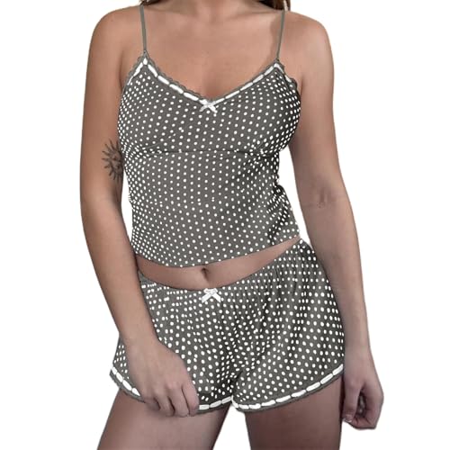 Image of Yuemengxuan Women Y2k Polka Dot Pajamas Sets 2 Piece Sexy Summer Outfits Set Sleeveless Strappy Cami Top Crop Top Shorts Set
