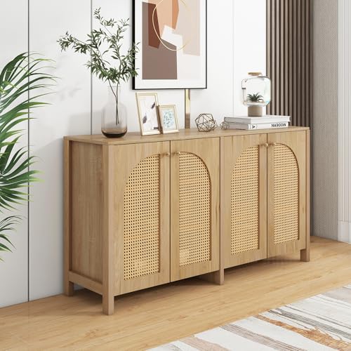BTM Buffet Rotin, Buffet Cuisine, Style Minimaliste, Meuble de Rangement avec 4 Portes, Poignée en Métal, pour Salon, Salle à Manger et Cusine, 145x40x80cm,...