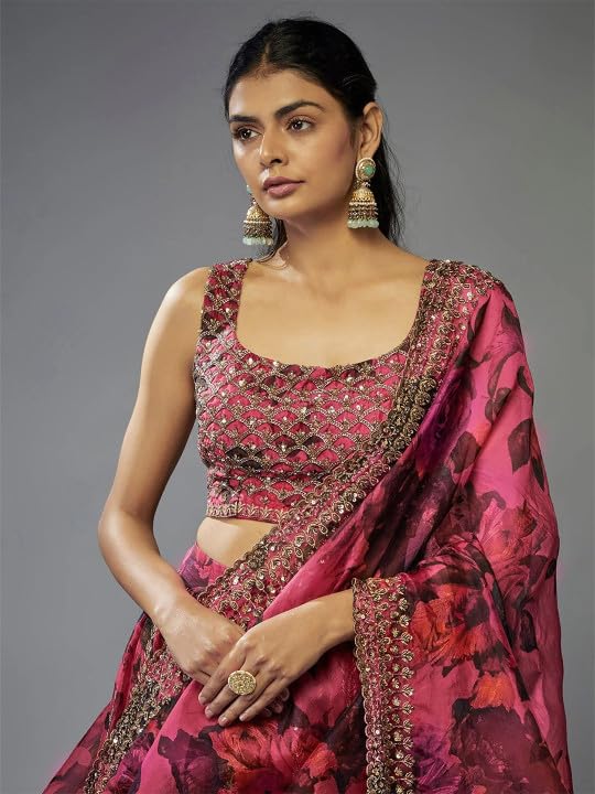 Image of piludi Women's Pink Floral Printed Unstitched Lehenga Choli with Embroidered Blouse and Dupatta