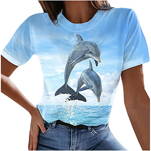 MEIbax T-Shirt Femme Chic Et Élégant Haut à Manches Courtes Col Rond Imprimé Dauphin Basique Casual Tee Shirt Chemise Été Grande Taille Chemisier Blouse Tops Sport Décontractée Ample, Bleu Dégradé
