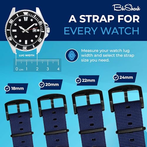 Image of BluShark - Original Collection Military-Style Waterproof Watch Strap, Fits All Timepiece Brands, Durable Nylon Wristwatch Accessories with Stainless Steel Buckle - 18mm, 20mm, 22mm & 24mm Watch Bands