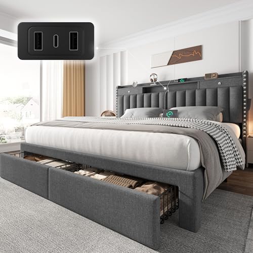 CypBed King Size Bed Frame with 4 Storage Drawers, Upholstered Platform King Bed Frame and Headboard, 3 USB & Type-C Charging Ports, Solid Wood Slats, No Box Spring Needed, No-Noise, Dark Grey,Gifts