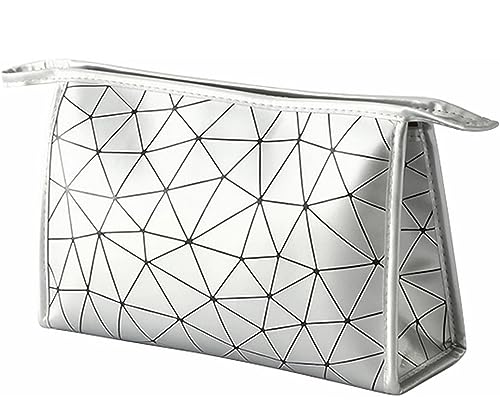 Image of Makeup Bag for Women, Diamond Pattern Makeup Bag with Zipper Large Capacity Travel Toiletry Bag - Silver