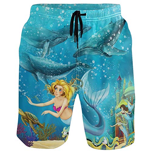 visesunny Men's Beach Short Swim Trunks Mermaid Whales Sports Running Bathing Suits with Mesh Lining
