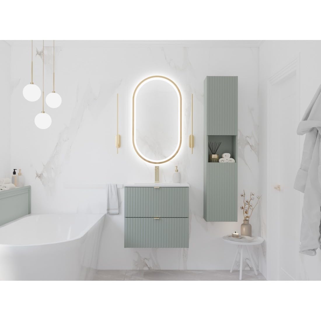 Meuble sous Vasque Elvina – 60 cm – 2 tiroirs – Vert Sauge Pastel – Meuble Suspendu