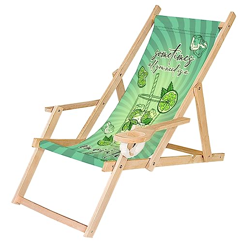 Ferocity Chaise Longue Pliable en Bois avec accoudoirs et Porte-gobelet Noir Motif Sometimes Mojito [119]