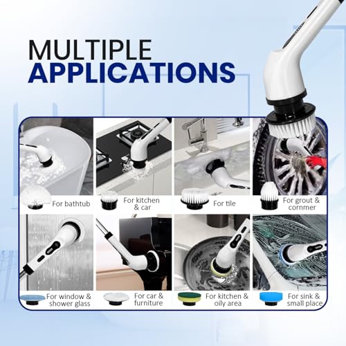 Image of Electric Spin Scrubber, Cordless Waterproof Bathroom Scrubber with 9 Replaceable Heads, 2 Speeds and Upgraded Extension Handle, Shower Cleaning Brush for Bathtub, Tile, Floor & Kitchen