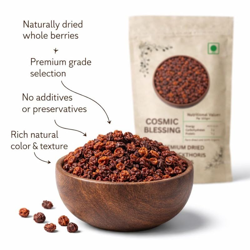 Image of Cosmic Blessing Himalayan Sea Buckthorn Berry 1kg | Sun-Dried, Natural & Unsweetened | Rich in Omega 3 6 7 9, Vitamin C & E | Dried Sea Buckthorn Berry for Skin, Immunity, Gut & Heart | No Preservatives