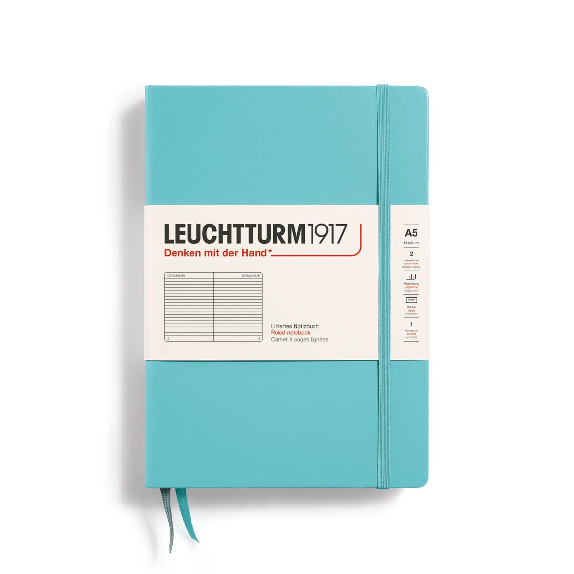 LEUCHTTURM1917 - Notebook Hardcover Medium A5-251 Numbered Pages for Writing and Journaling (Aquamarine, Ruled)
